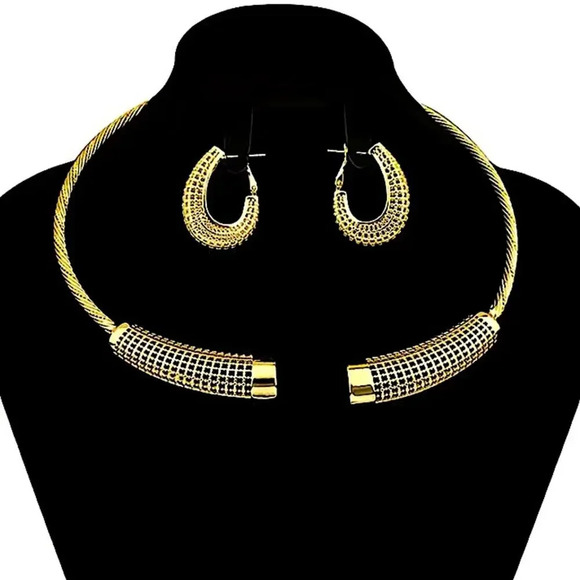 Gold Plated Geometric Necklace Earrings Set - Picture 1 of 8